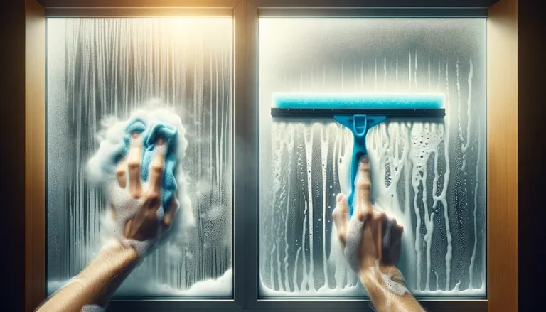 Fensterputzen mit Schwamm und Abzieher.