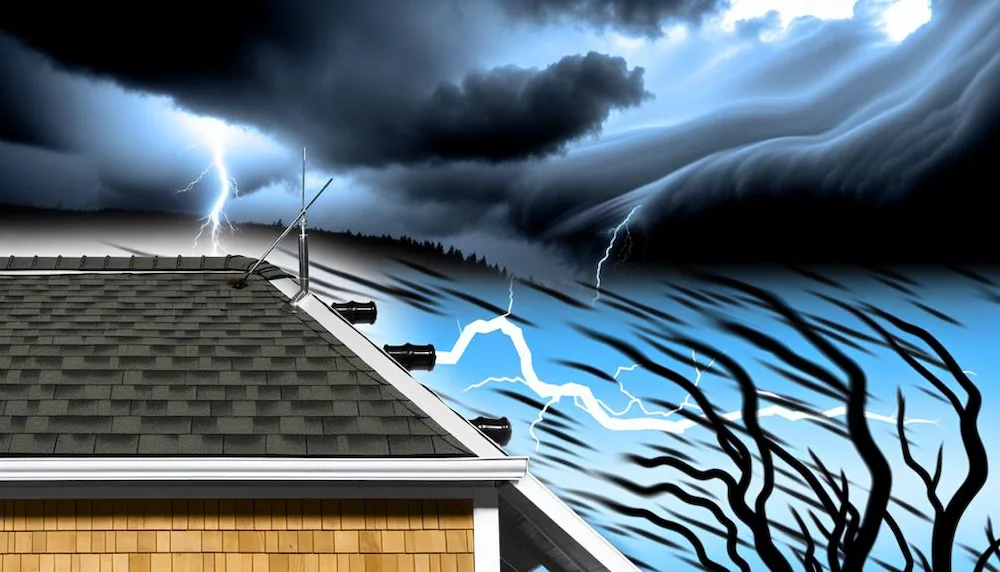 Gewitter mit Blitzen über Hausdach.