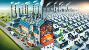 Illustration Energielandschaft, Industrie neben Wohngebieten.