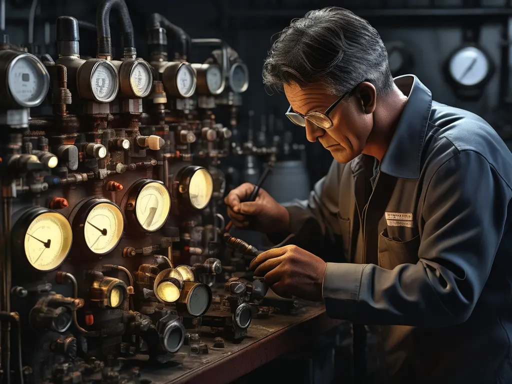 Techniker prüft industrielle Manometer.