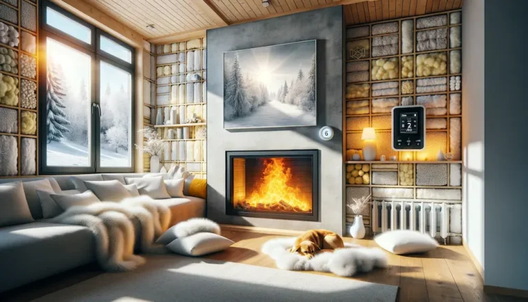 Gemütliches Wohnzimmer mit Kamin im Winter.