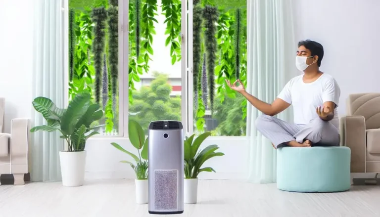 Meditation mit Luftreiniger im hellen Zimmer.