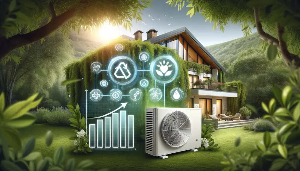 Ökohaus mit Energieeffizienz-Technologien in grüner Landschaft.