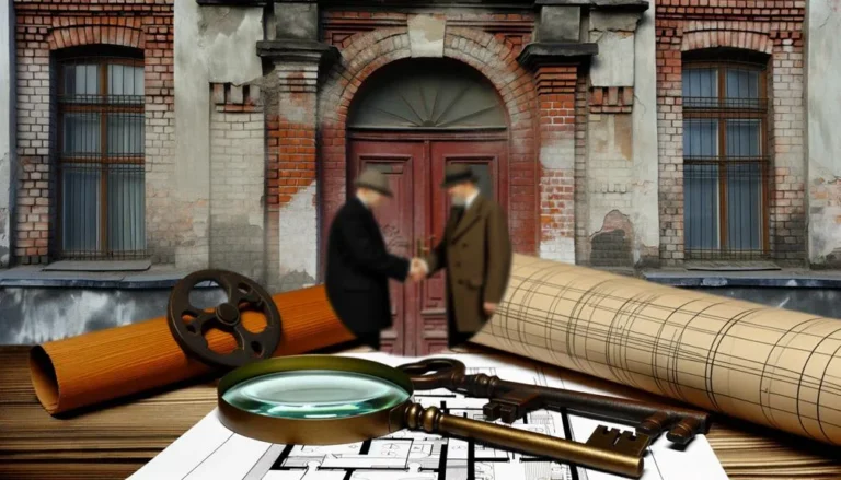 Baupläne, Lupe und Schlüssel vor Altbau.
