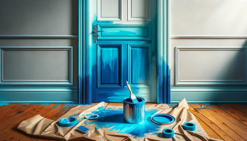 Tür streichen, Farbeimer und Pinsel, Renovierung.