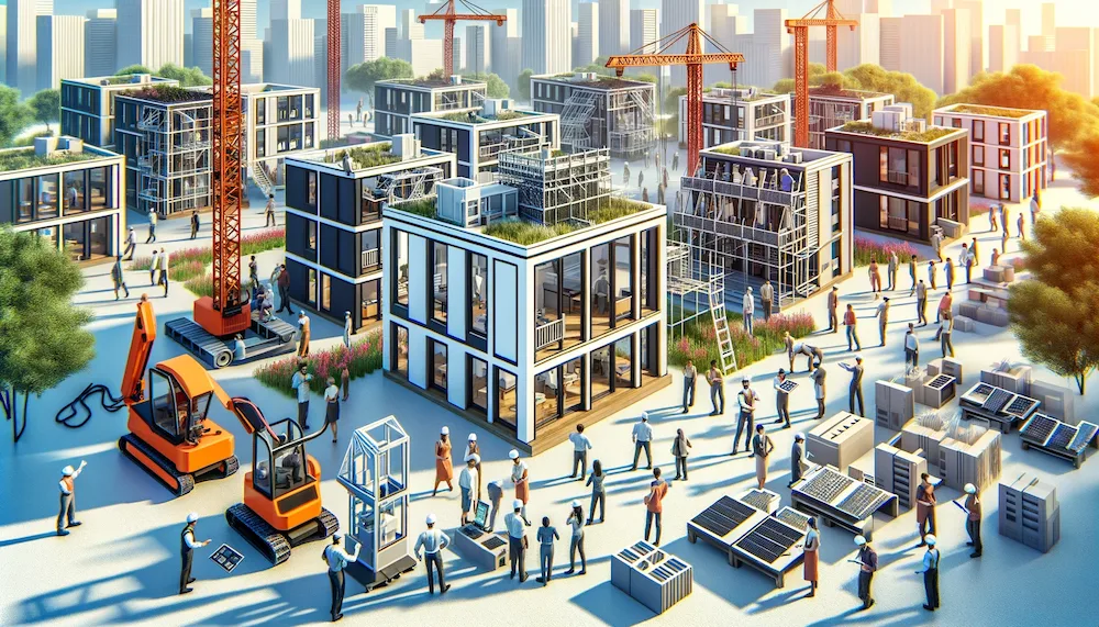 Modulare Bauweise, Baustellenaktivität, urbane Entwicklung.