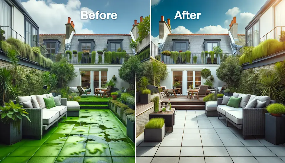 Vorher-Nachher, Gartenumgestaltung Terrasse, Grünanlage, Möbel.