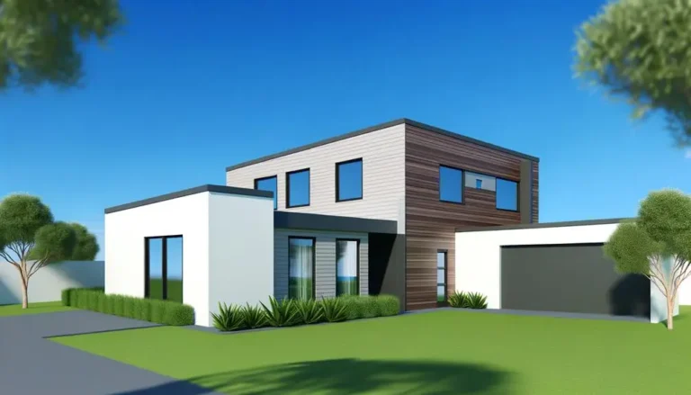 Modernes Einfamilienhaus mit Garten und Garage.