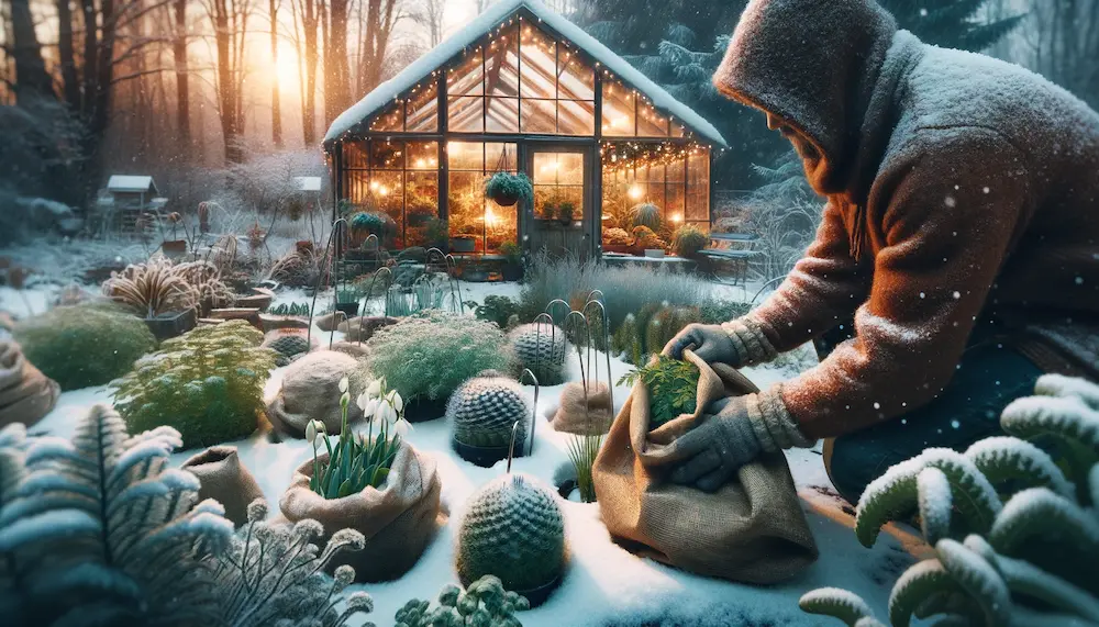 Person im winterlichen Garten, Gewächshaus bei Schneefall.