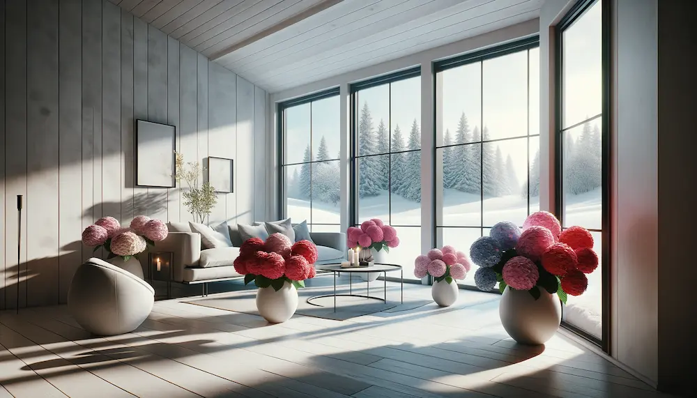 Gemütliches Wohnzimmer mit Blumen und Winterlandschaft.