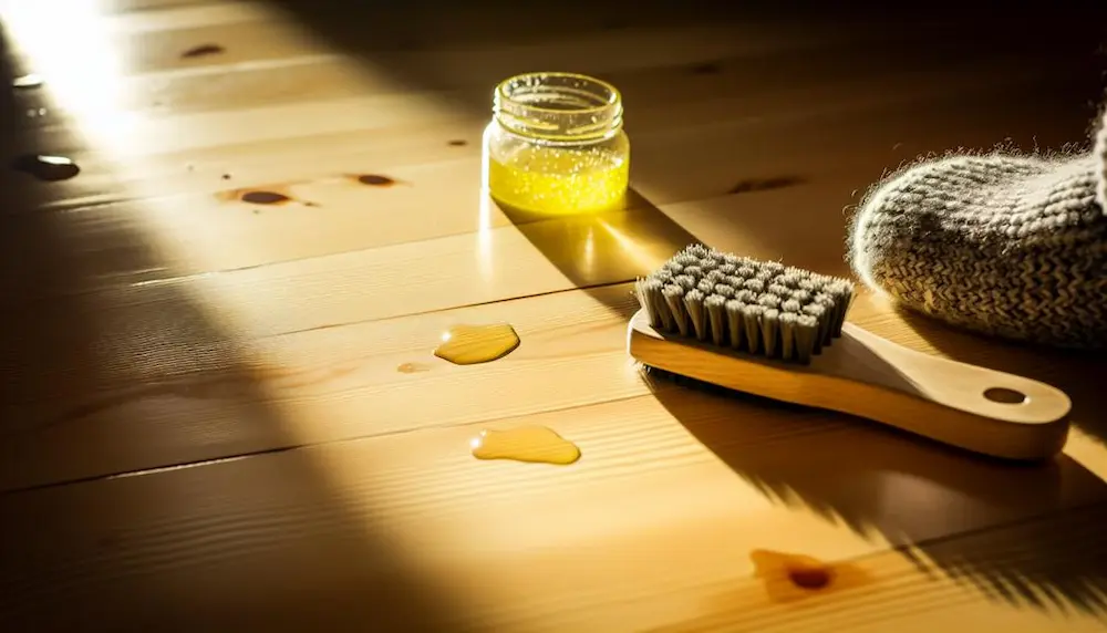 Honigglas, Tropfen, Bürste auf Holzuntergrund.