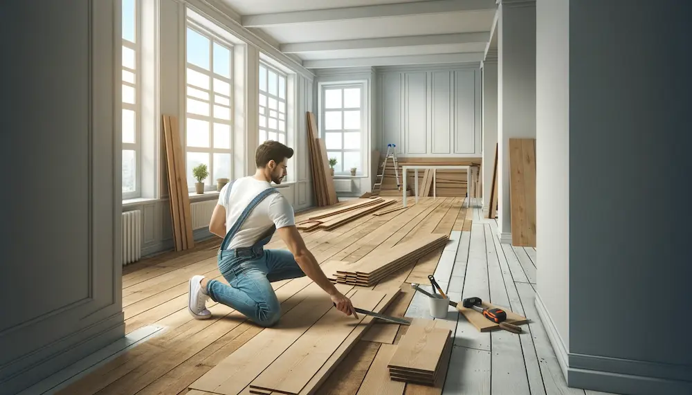 Mann verlegt Holzboden in hellem Raum.