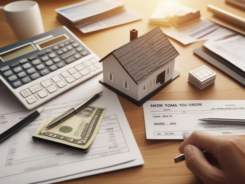 Immobilienfinanzierung und Taschenrechner auf Tisch.