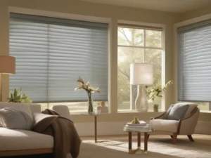 Gemütliches Wohnzimmer mit Plissees an Fenstern.