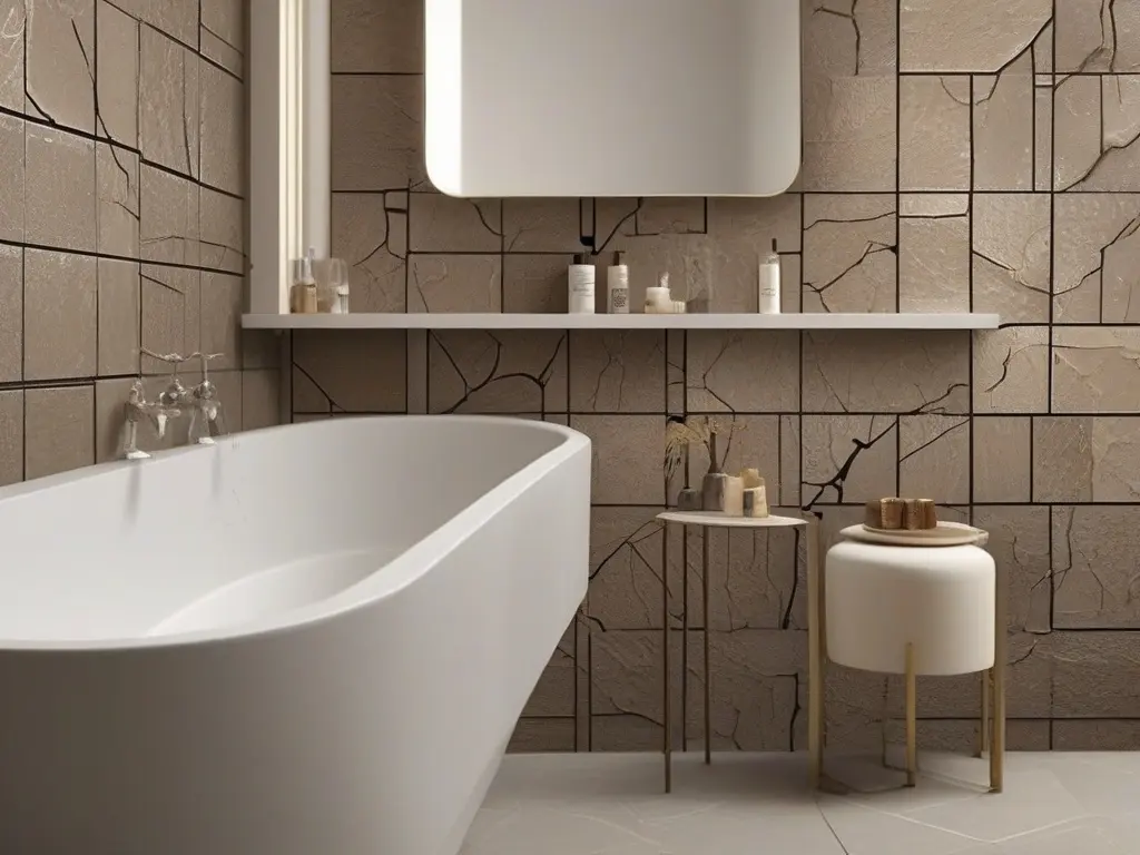 Modernes Badezimmer mit freistehender Badewanne und Steinfliesen.