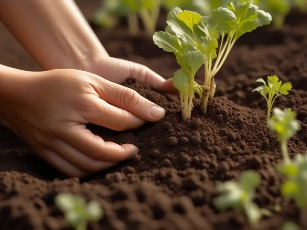 Hände pflanzen Setzlinge in Erde.