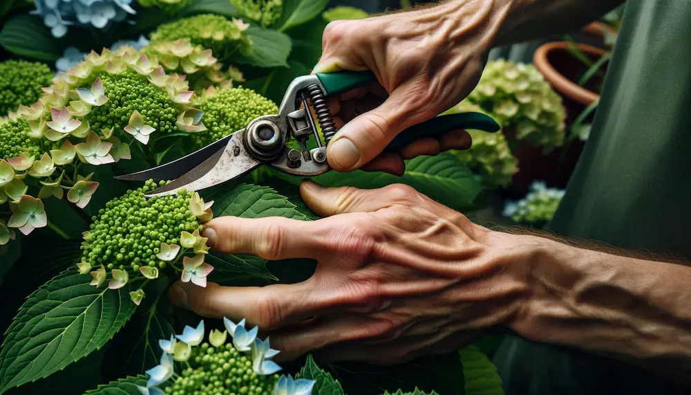 Gärtner schneidet Hortensien mit Gartenschere.