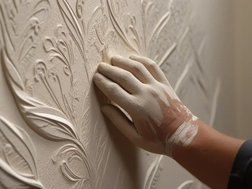 Hand berührt Reliefwand mit Blumenmuster.