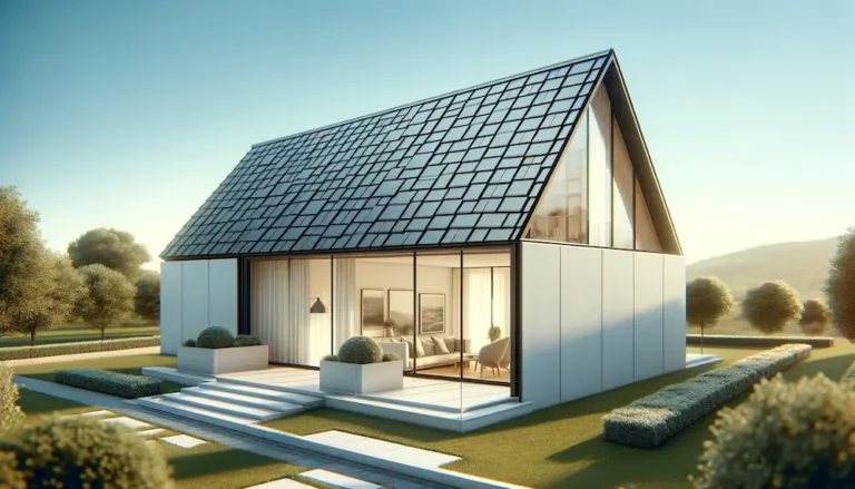 Modernes Einfamilienhaus mit Garten bei Sonnenuntergang.