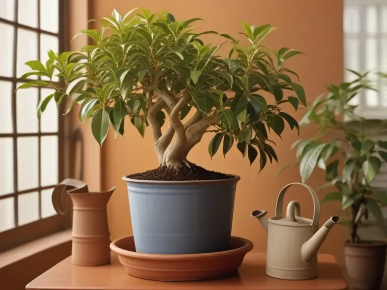 Zimmerpflanze Bonsai mit Gießkannen auf Tisch