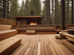 Holzterrasse mit Feuerstelle im Waldhaus.