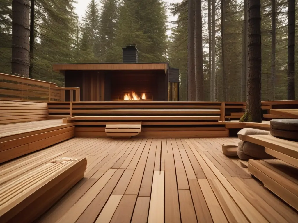 Holzterrasse mit Feuerstelle im Waldhaus.