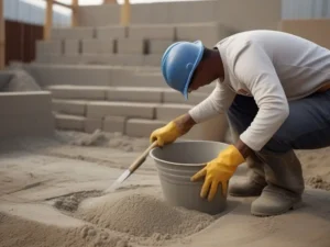 Bauarbeiter siebt Sand auf Baustelle