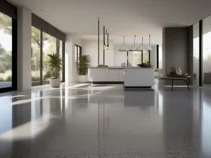 Moderne Küche, glänzender Boden, Design-Innenraum, große Fenster.