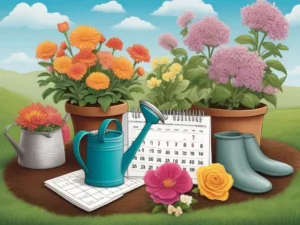 Gartenblumen mit Gießkanne und Kalender