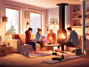 Familie sitzt gemütlich am Kamin im Wohnzimmer