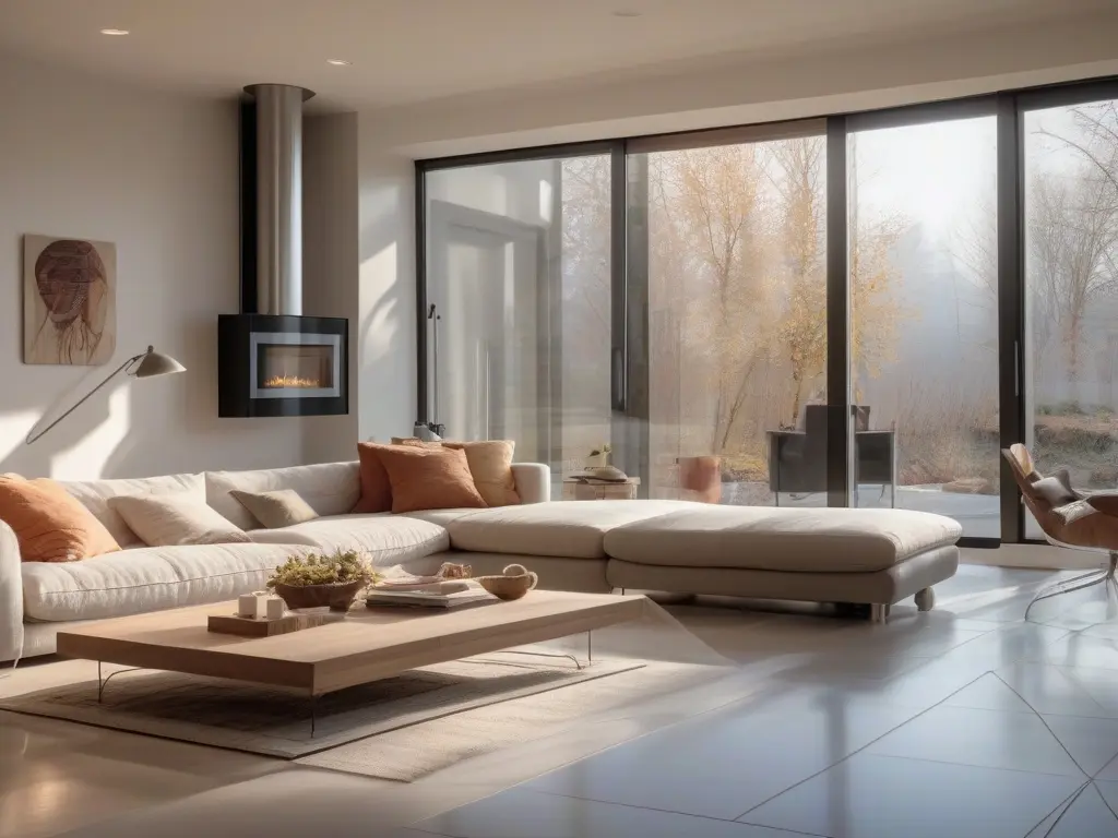 Modernes Wohnzimmer mit Kamin und großen Fenstern.