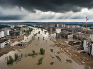 Hochwasser in Stadt mit bedrohlichem Himmel.