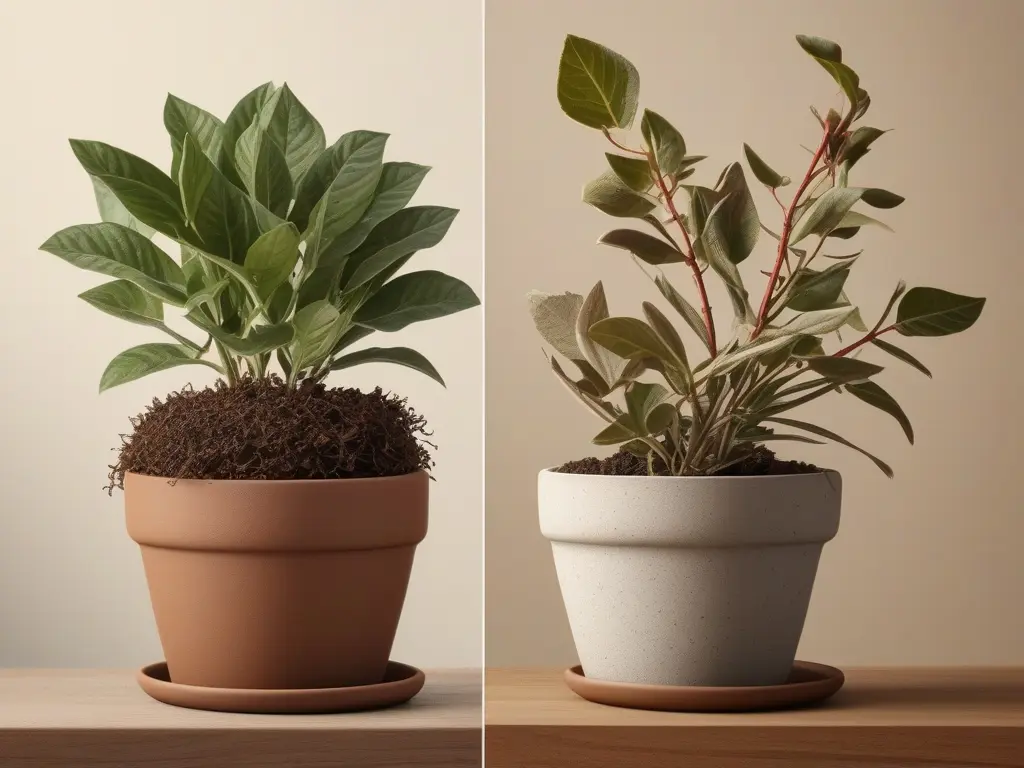 Zwei Zimmerpflanzen in Töpfen auf Holztisch.