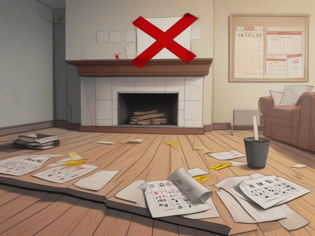 Messy Wohnzimmer mit Kalenderblättern und rotem Kreuz