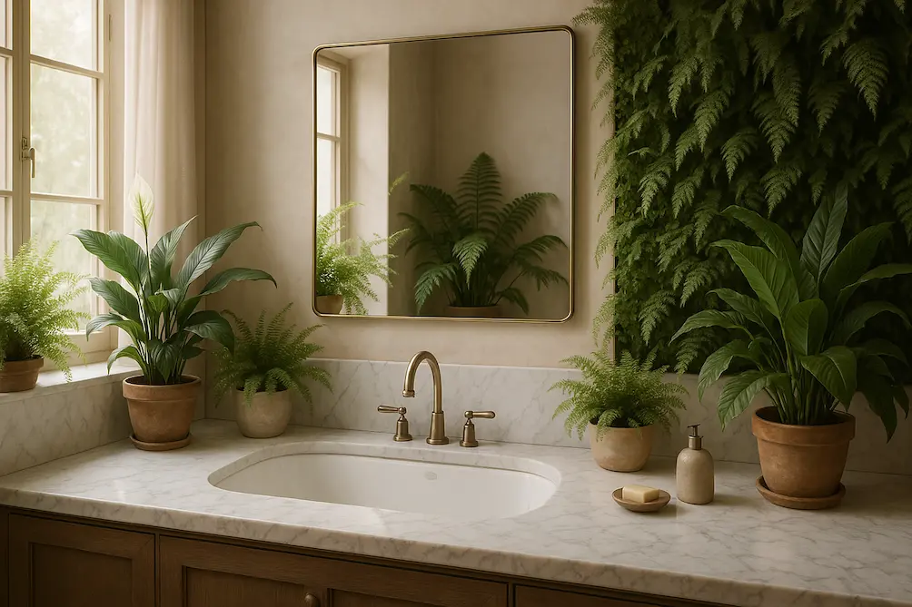 Badezimmer mit Pflanzen und Marmorwaschbecken