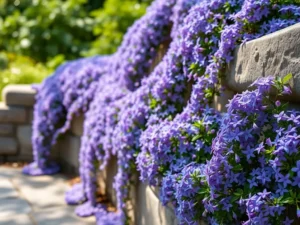 Lila Blumen auf einer Steinmauer im Garten