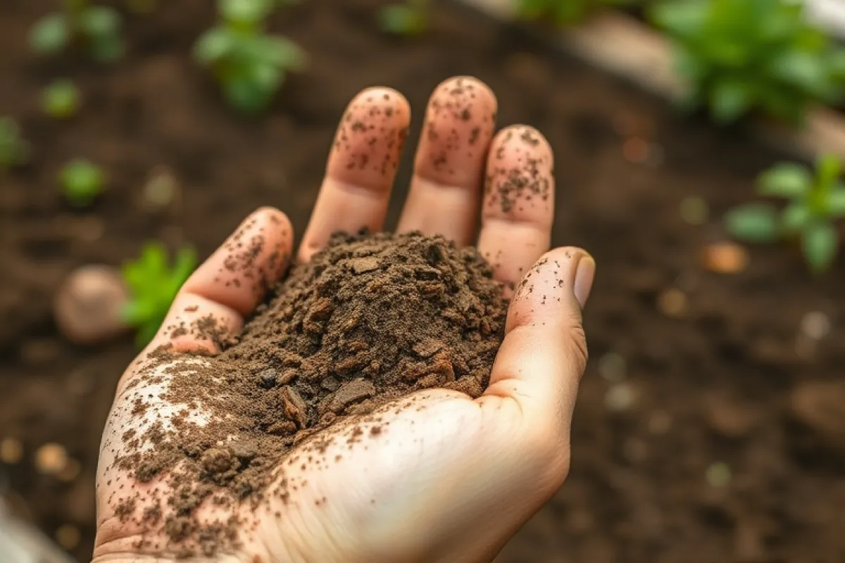 Eine Hand reibt leicht feuchte Gartenerde zwischen den Fingern; körnige Erde rieselt herab.